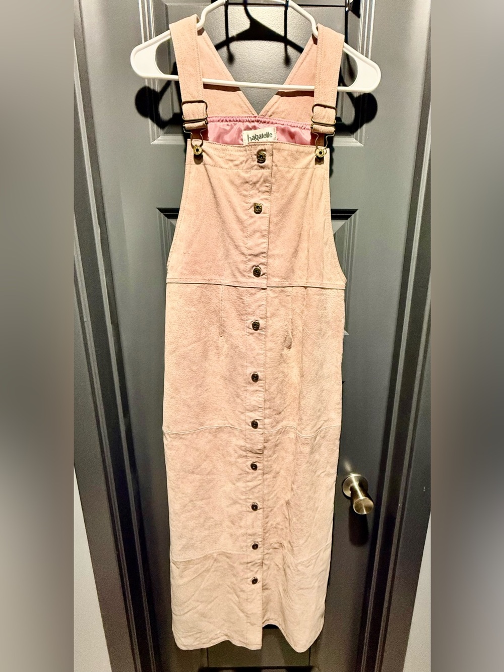 bagatelle 100% Leather Blush Pink button-front overall maxi dress.